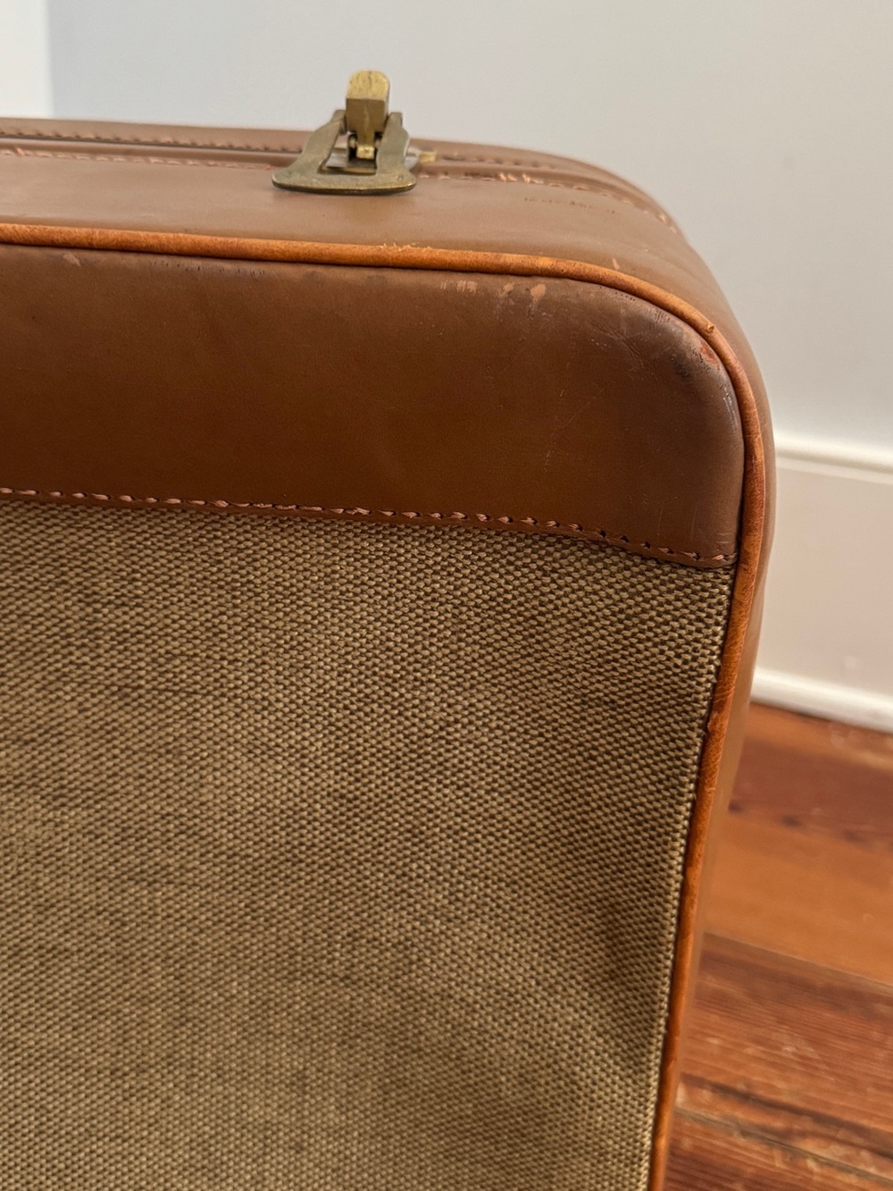 Vintage 60's Brooks Brothers Tan Leather Fabric Suitcase Luggage Combination - Picture 15 of 15